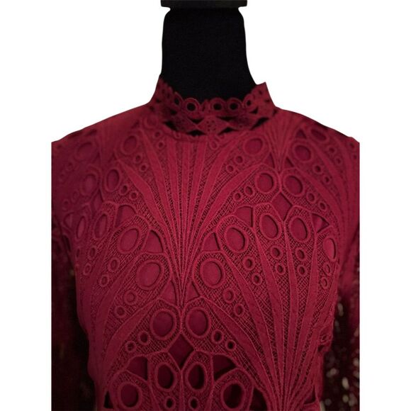 Ultra Pink Women's Red eyelet Blouse High Neck Lantern Sleeves Standard Size S - Picture 4 of 6